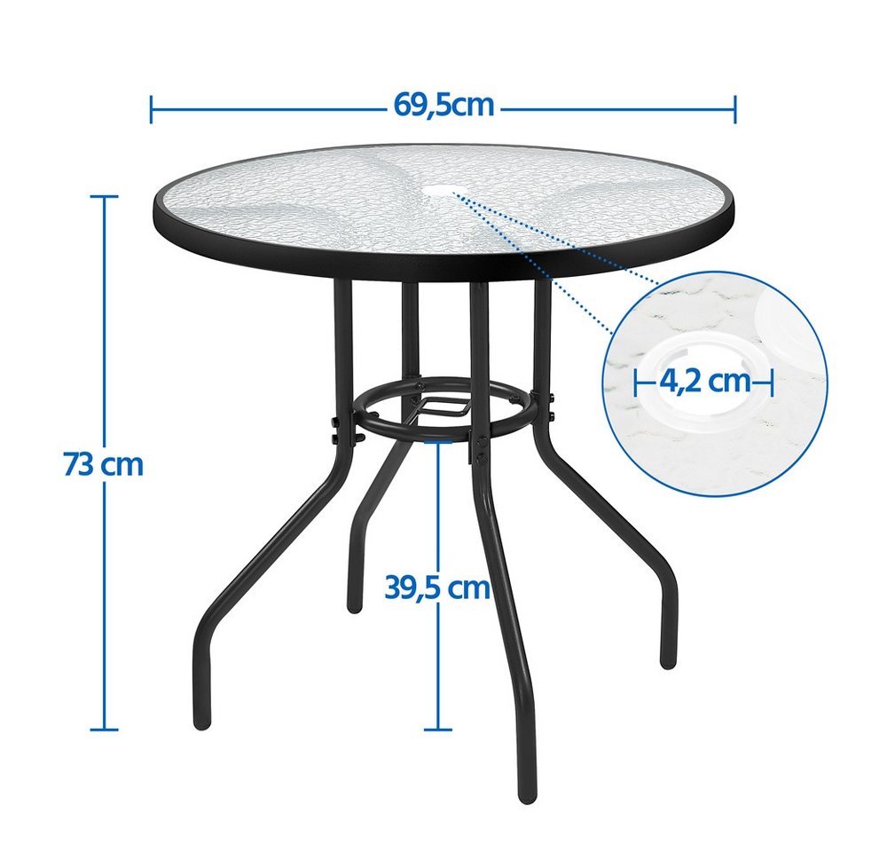 Yaheetech Gartentisch Runder Balkontisch mit Schirmloch aus Gehärtetem Glas & Metall, Kaffeetisch mit Wassermuster auf der Glasoberfläche für Draußen – Bild 4 von 5