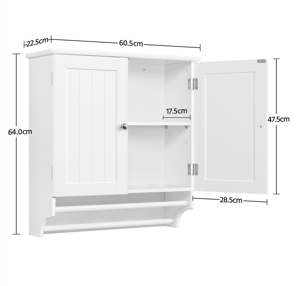 Yaheetech Hängeschrank Badezimmerschrank Badschrank mit 2 Türen & Handtuchhalter, Einlegeboden verstellbar – Bild 5 von 5
