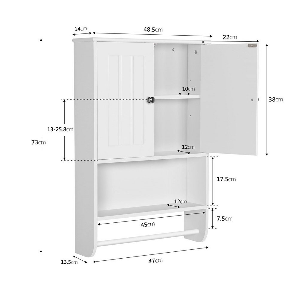 Yaheetech Hängeschrank mit Handtuchhalter und Einlegeboden Badezimmerschrank Wandschrank für Badezimmer/Küche – Bild 4 von 5