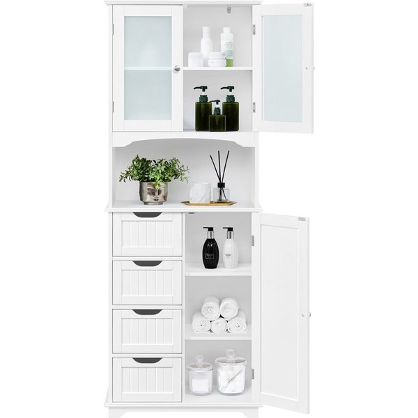 Yaheetech Hochschrank Badkommode Badschrank mit Glastüren & 4 Schubladen Badezimmerschrank Küchenschrank, Einlegeböden verstellbar