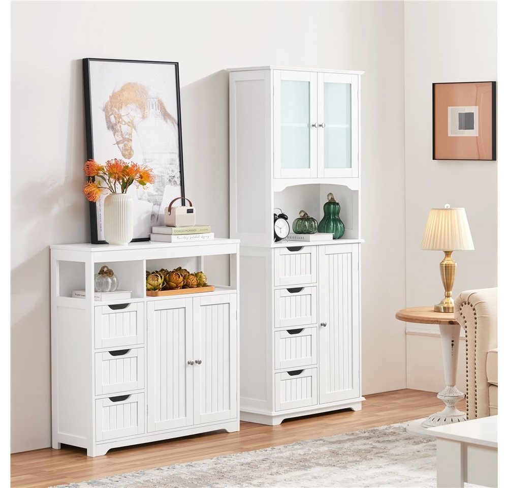 Yaheetech Hochschrank Badschrank Badkommode Badezimmerschrank mit 3 Schubladen und 2 Türen & 1 Offenem Regal – Bild 3 von 5
