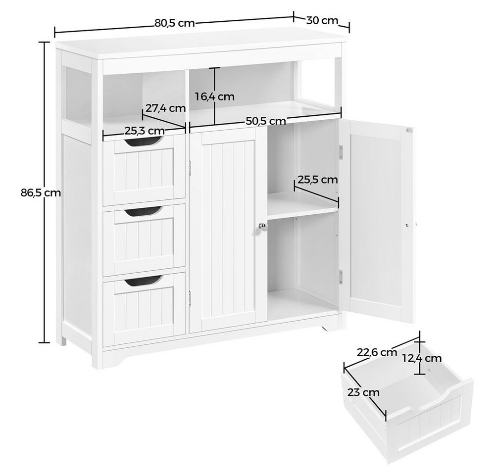 Yaheetech Hochschrank Badschrank Badkommode Badezimmerschrank mit 3 Schubladen und 2 Türen & 1 Offenem Regal – Bild 4 von 5
