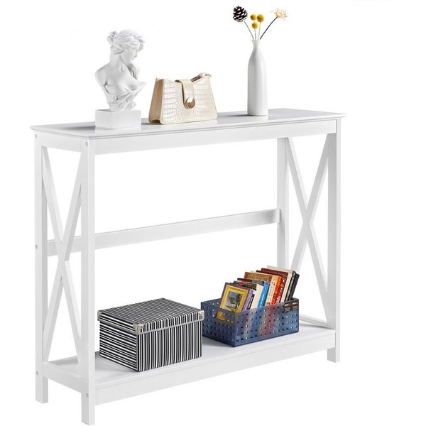 Yaheetech Konsolentisch 2-stufiger Beistelltisch 102 x 30 x 81 cm, Flurtisch mit 2 Ablagen, X-förmige Stütze, Tischbeine aus Massivholz