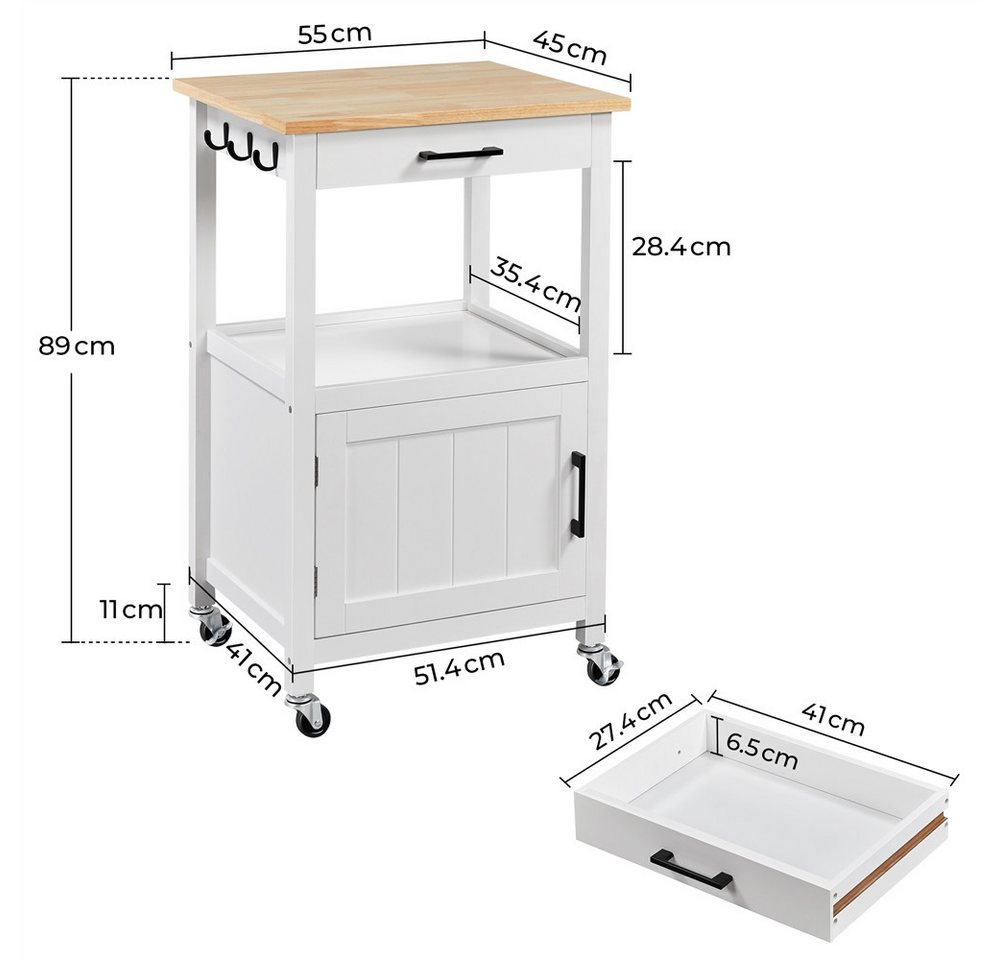 Yaheetech Küchenwagen Servierwagen auf Rollen, Beistellwagen mit Schrank & Schublade & 6 Haken, 55 × 45× 89 cm – Bild 4 von 5