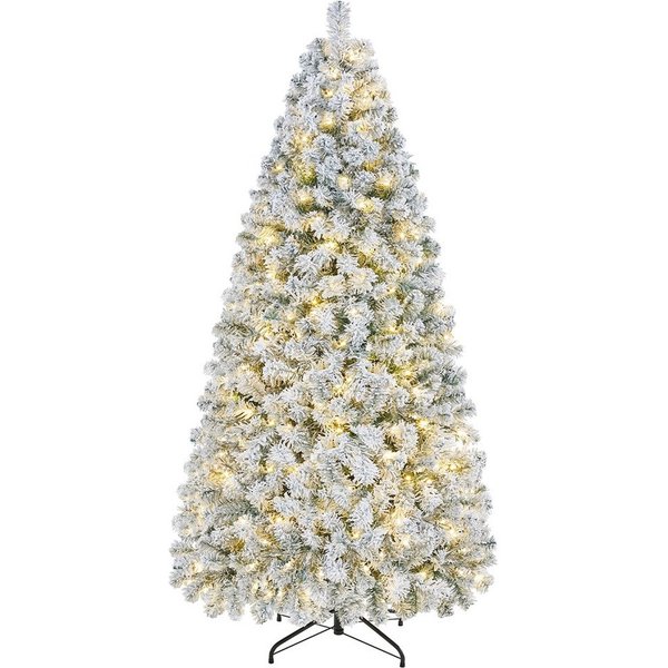 Yaheetech Künstlicher Weihnachtsbaum 183/213 cm H mit LED-Beleuchtung, Tannenbaum mit Schnee für Weihnachtsdekoration