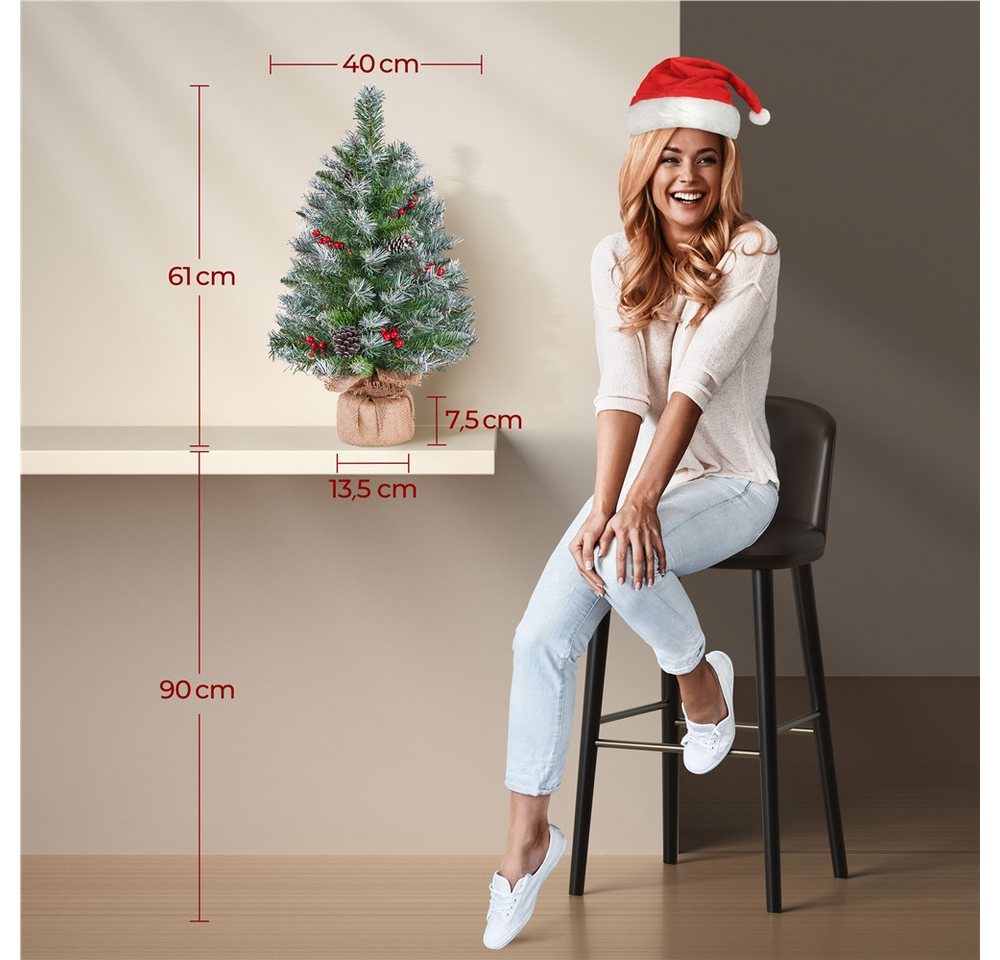 Yaheetech Künstlicher Weihnachtsbaum 61/92 cm (H), Tannenbaum mit Roten Beeren & LED-Lichtern & Tannenzapfen – Bild 5 von 5