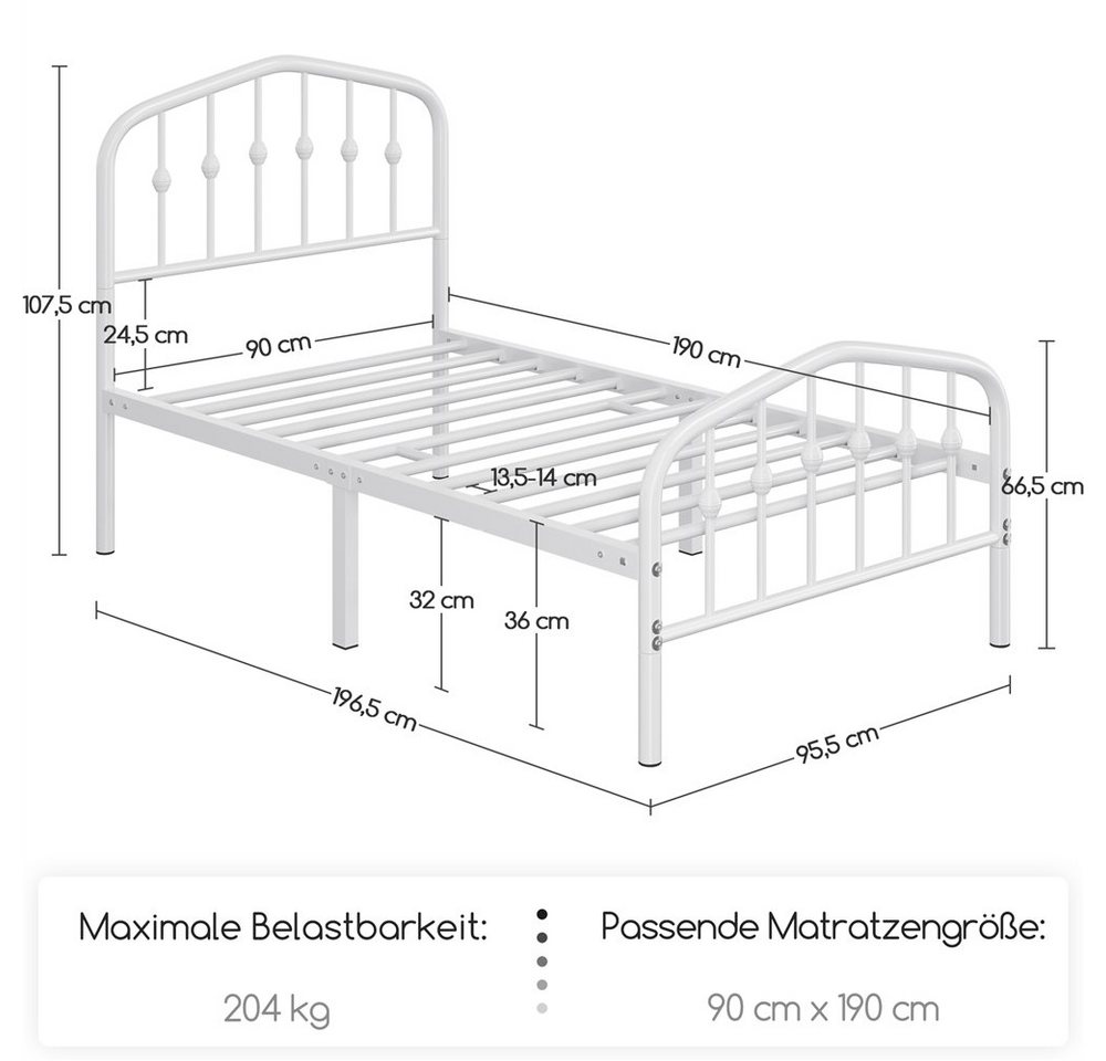 Yaheetech Metallbett 90-160cm (B), Bettrahmen Vintage Bettgestell mit kronenförmigem Kopfteil – Bild 4 von 5