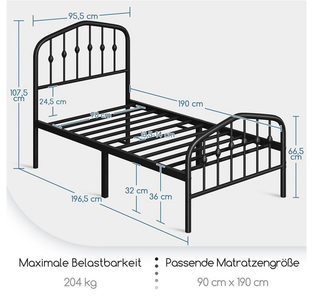 Yaheetech Metallbett 90-160cm (B), Bettrahmen Vintage Bettgestell mit kronenförmigem Kopfteil – Bild 4 von 5