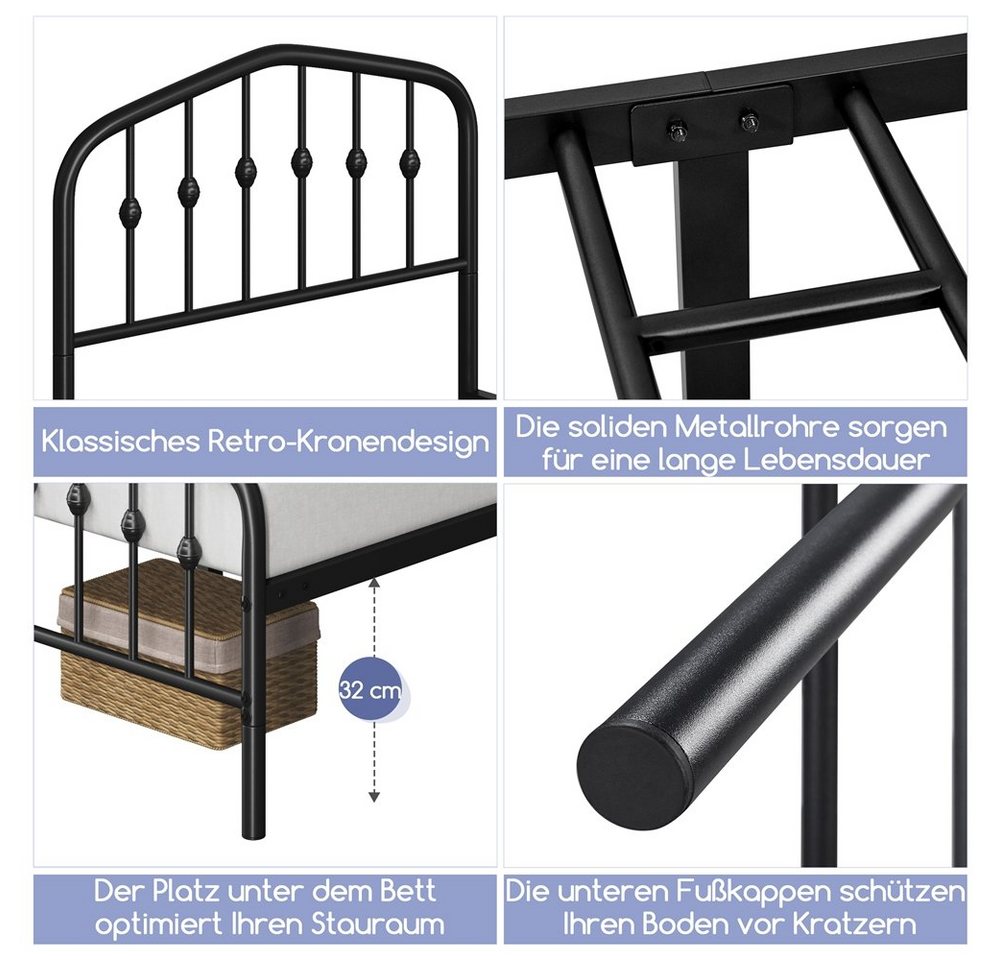 Yaheetech Metallbett 90-160cm (B), Bettrahmen Vintage Bettgestell mit kronenförmigem Kopfteil – Bild 5 von 5