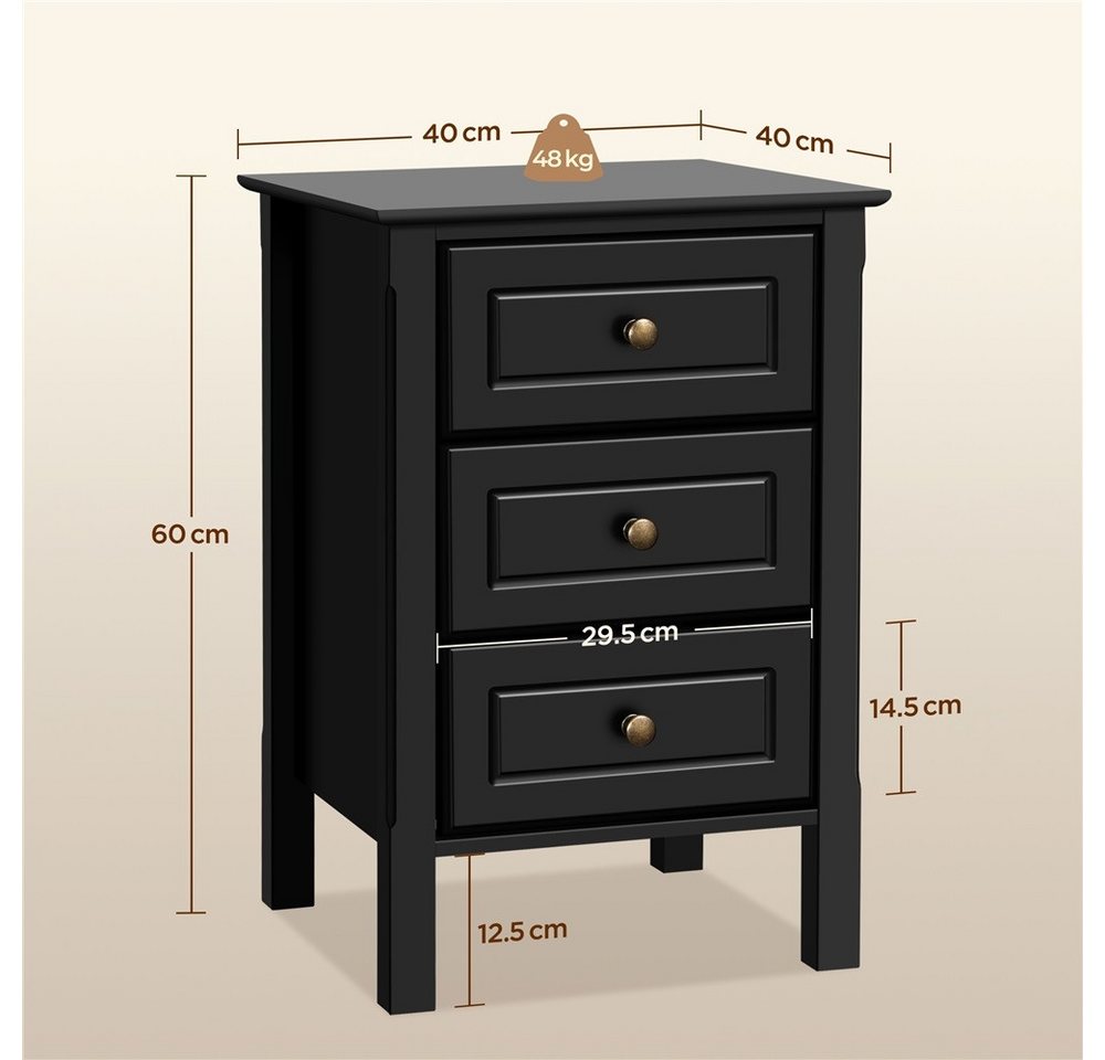 Yaheetech Nachttisch mit 3 Schubladen (1-St), Stabiler Beistelltisch für Wohnzimmer/Schlafzimmer, 40 × 40 × 60 cm – Bild 4 von 5
