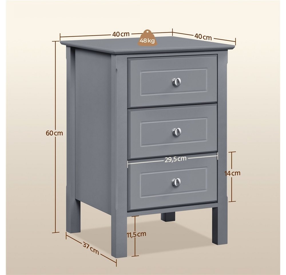 Yaheetech Nachttisch mit 3 Schubladen (1-St), Stabiler Beistelltisch für Wohnzimmer/Schlafzimmer, 40 × 40 × 60 cm – Bild 4 von 5