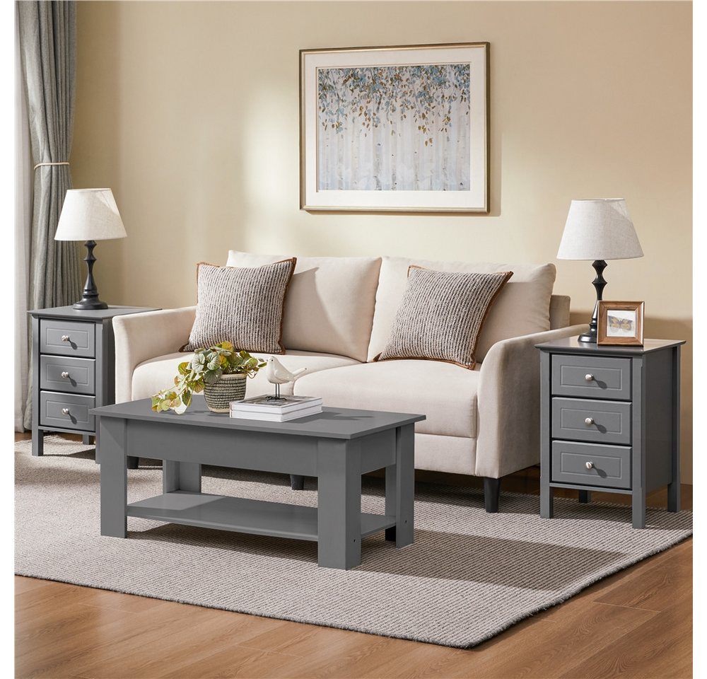Yaheetech Nachttisch mit 3 Schubladen (2-St), 2er Stabiler Beistelltisch für Wohnzimmer/Schlafzimmer 40 × 40 × 60 cm – Bild 3 von 5