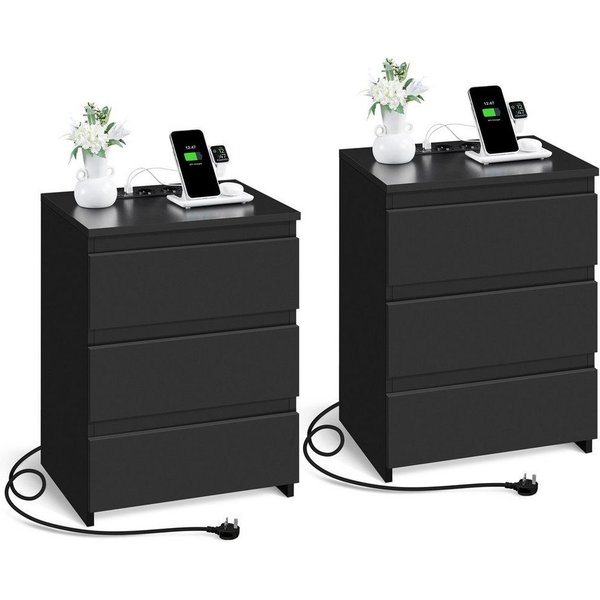 Yaheetech Nachttisch mit Ladestation, 2 USB-Anschlüsse und 2 AC-Steckdosen (2-St), Beistelltisch mit 3 Schubladen, 45,5 × 35,5 × 60,5 cm