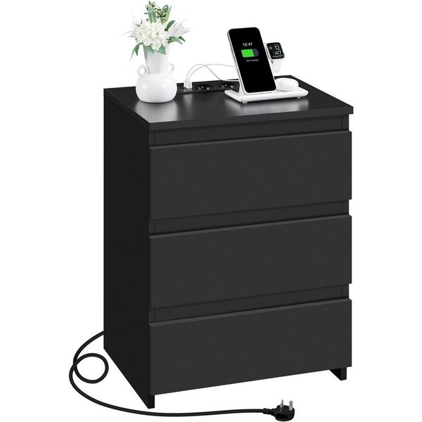 Yaheetech Nachttisch mit Ladestation, 2 USB-Anschlüsse und 2 AC-Steckdosen (1-St), Beistelltisch mit 3 Schubladen, 45,5 × 35,5 × 60,5 cm