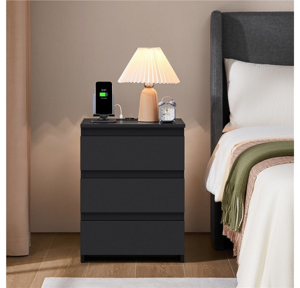 Yaheetech Nachttisch mit Ladestation, 2 USB-Anschlüsse und 2 AC-Steckdosen (1-St), Beistelltisch mit 3 Schubladen, 45,5 × 35,5 × 60,5 cm – Bild 2 von 5