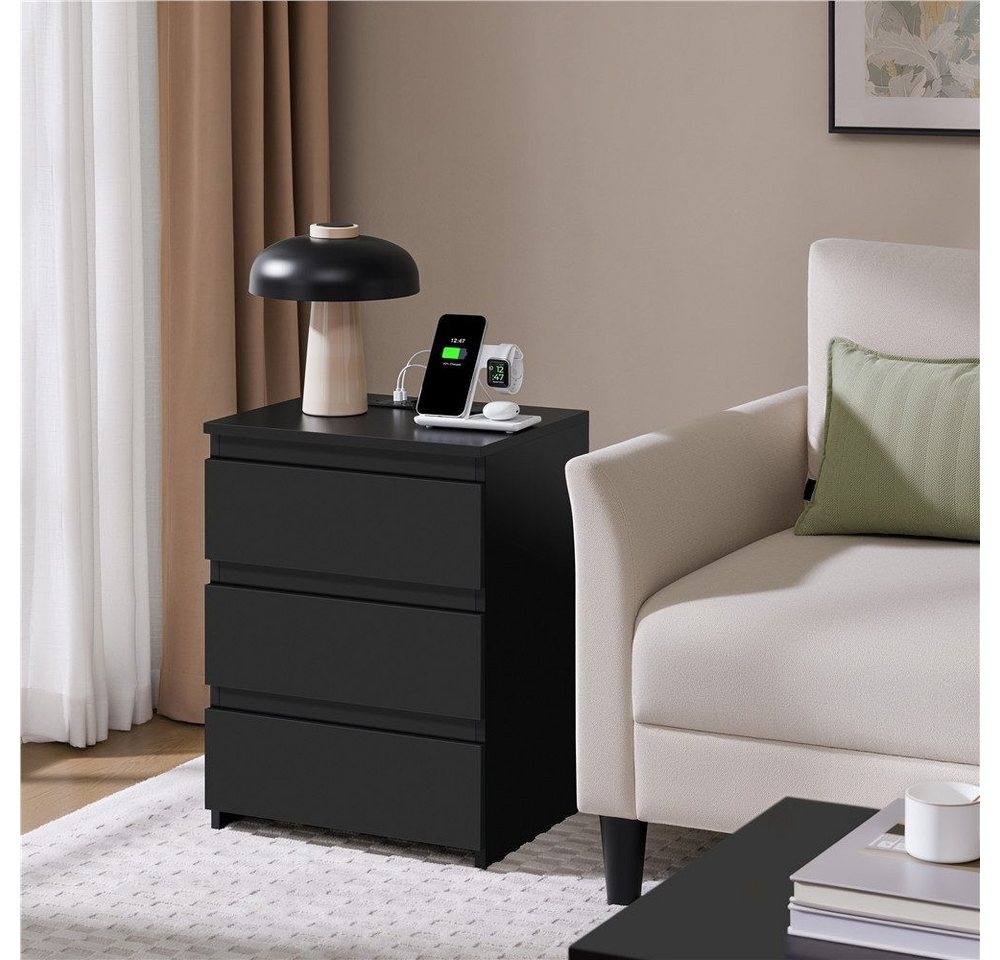 Yaheetech Nachttisch mit Ladestation, 2 USB-Anschlüsse und 2 AC-Steckdosen (1-St), Beistelltisch mit 3 Schubladen, 45,5 × 35,5 × 60,5 cm – Bild 3 von 5