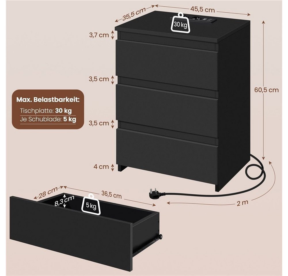Yaheetech Nachttisch mit Ladestation, 2 USB-Anschlüsse und 2 AC-Steckdosen (1-St), Beistelltisch mit 3 Schubladen, 45,5 × 35,5 × 60,5 cm – Bild 4 von 5