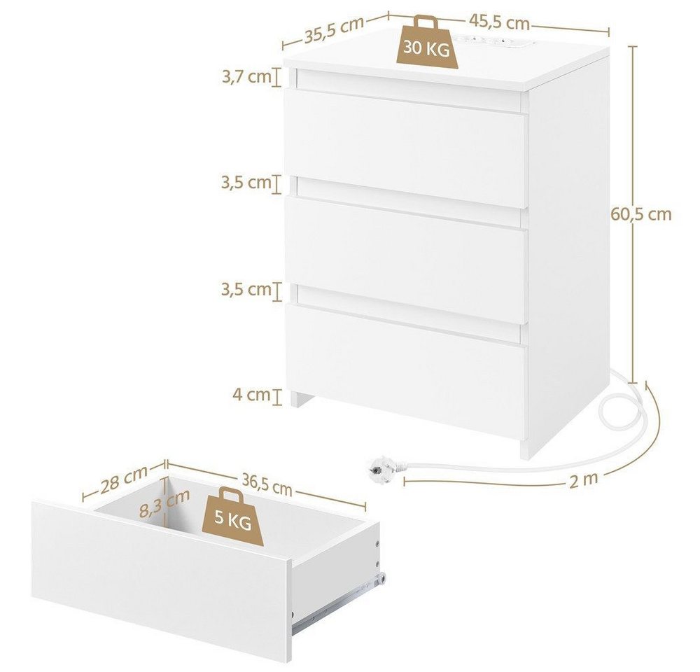 Yaheetech Nachttisch mit Ladestation, 2 USB-Anschlüsse und 2 AC-Steckdosen (2-St), Beistelltisch mit 3 Schubladen, 45,5 × 35,5 × 60,5 cm – Bild 4 von 5