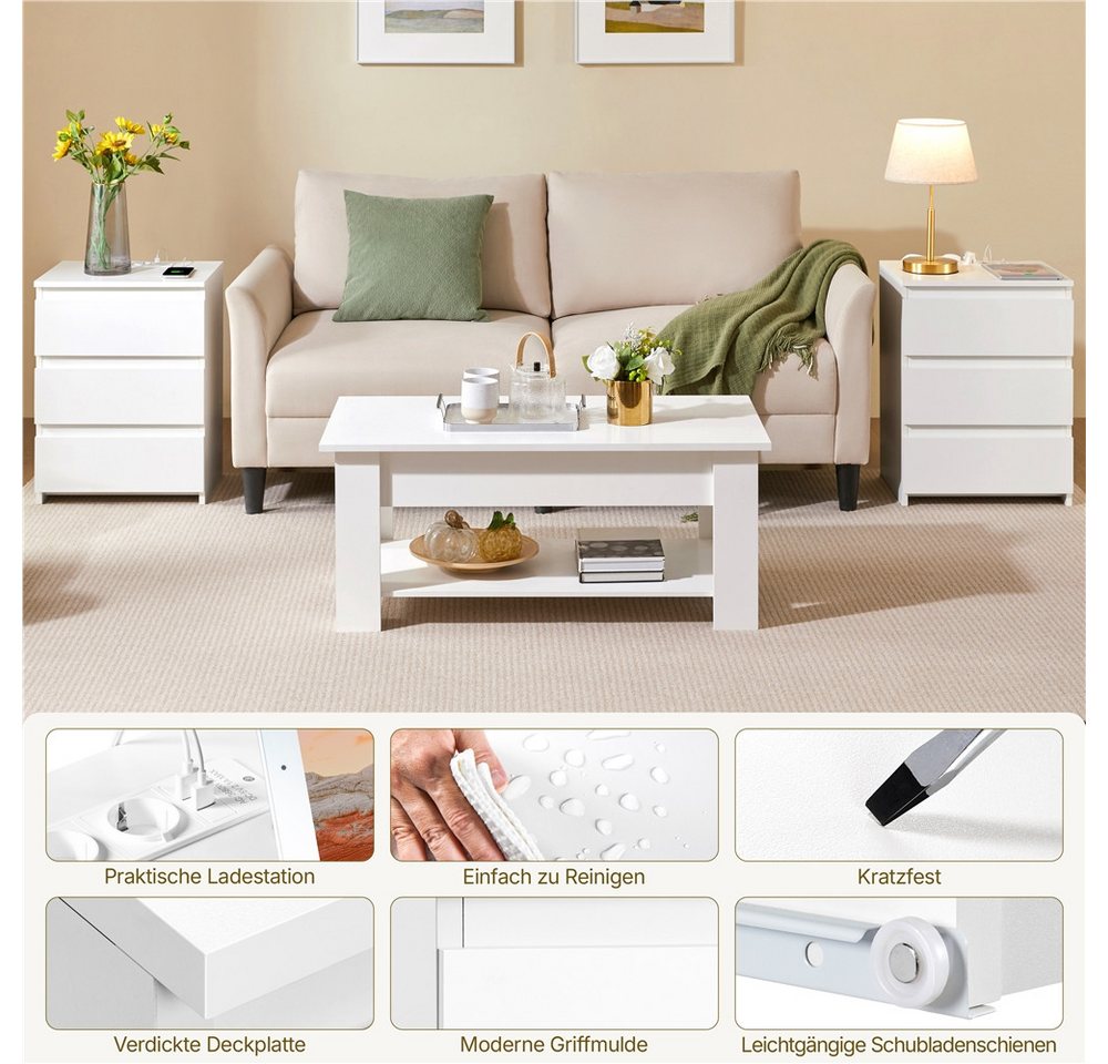 Yaheetech Nachttisch mit Ladestation, 2 USB-Anschlüsse und 2 AC-Steckdosen (2-St), Beistelltisch mit 3 Schubladen, 45,5 × 35,5 × 60,5 cm – Bild 5 von 5
