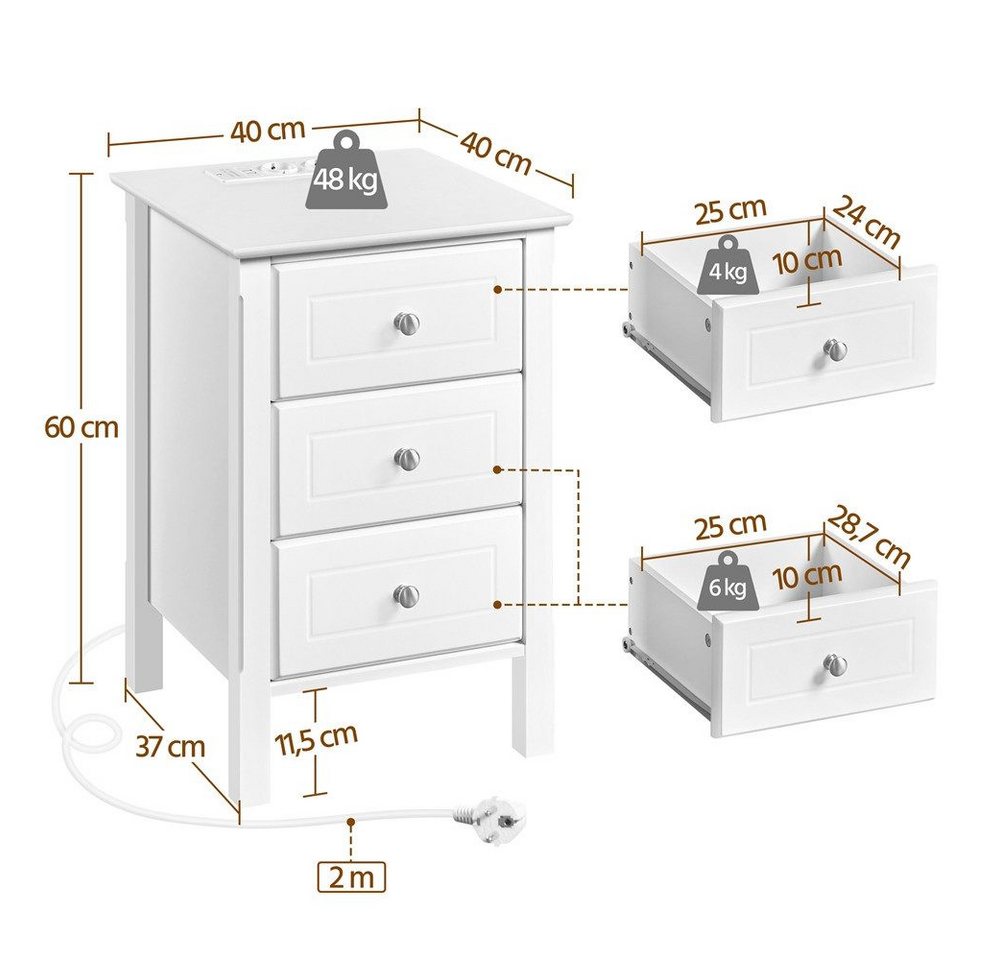 Yaheetech Nachttisch mit Ladestation und 3 Schubladen (1-St), Moderner Beistelltisch, 2 USB-Anschlüssen und 2 AC-Steckdosen – Bild 4 von 5