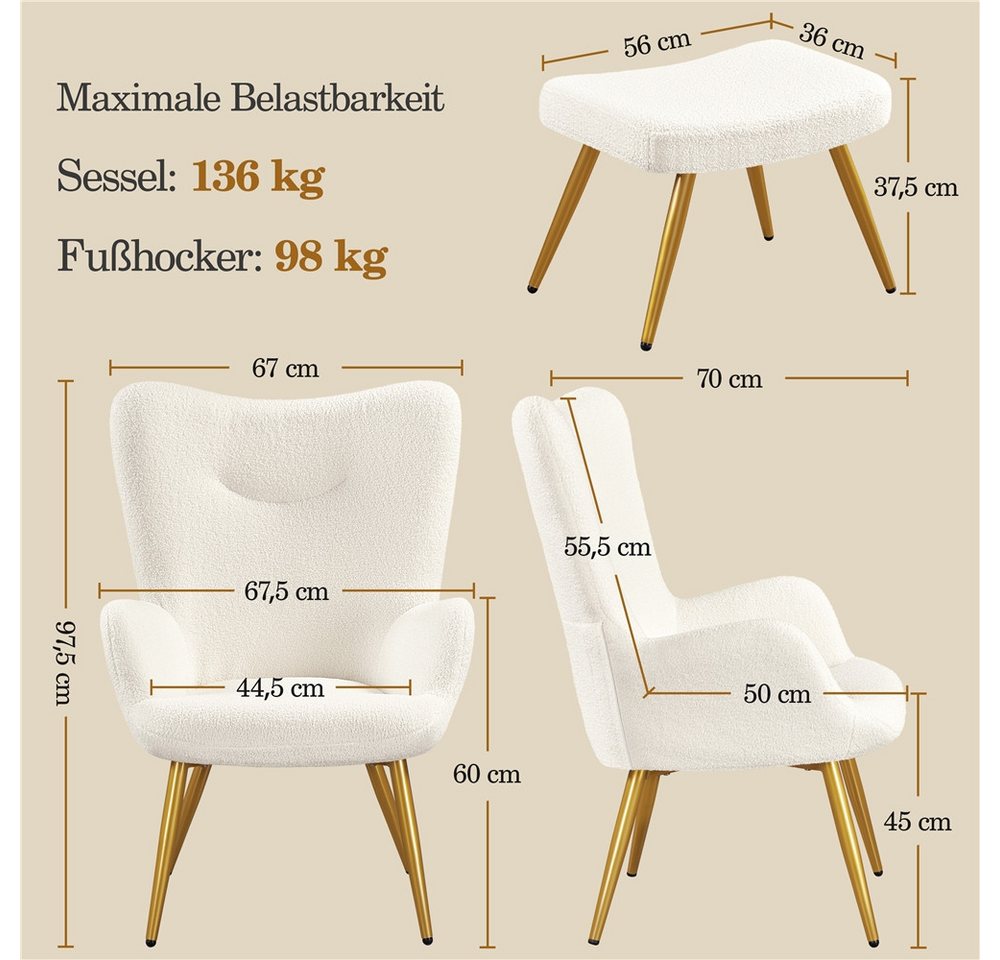 Yaheetech Ohrensessel Relaxsessel mit Hocker, Loungesessel mit Klappbarer Rückenlehne – Bild 4 von 5