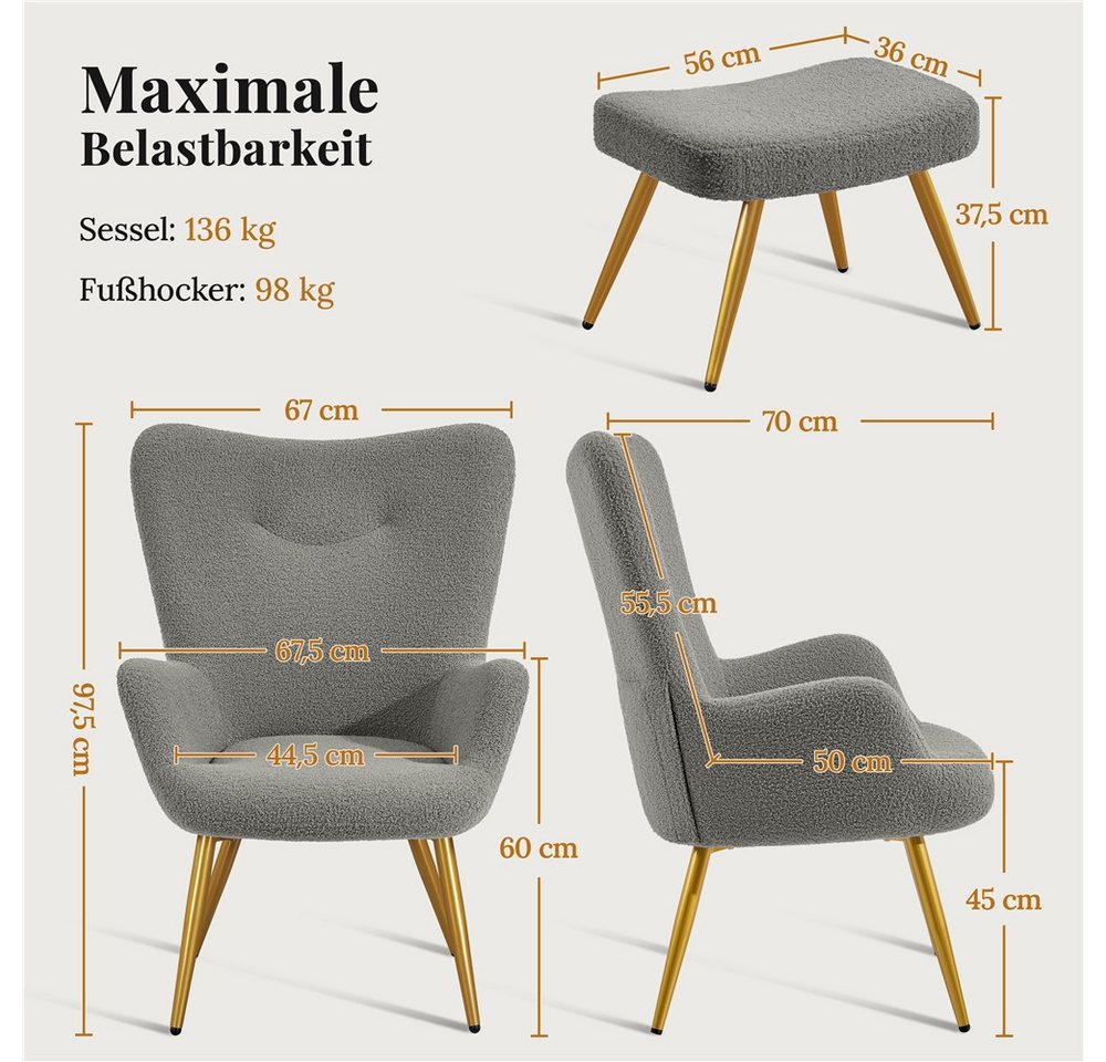 Yaheetech Ohrensessel Relaxsessel mit Hocker, Loungesessel mit Klappbarer Rückenlehne – Bild 4 von 5