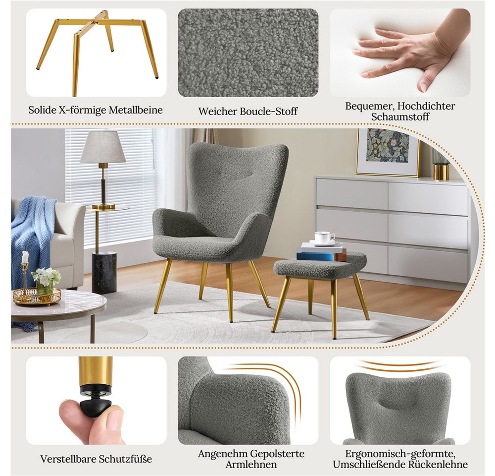 Yaheetech Ohrensessel Relaxsessel mit Hocker, Loungesessel mit Klappbarer Rückenlehne – Bild 5 von 5