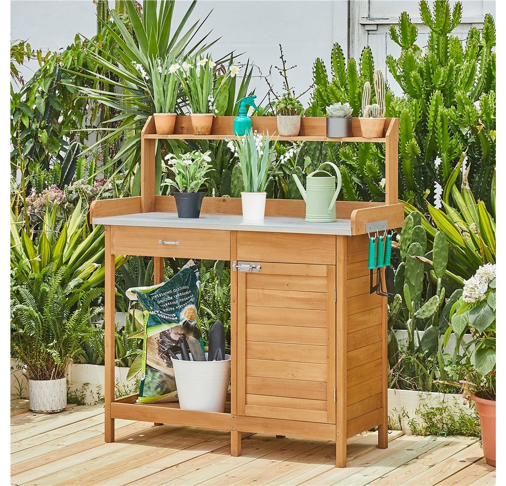 Yaheetech Pflanztisch Garten Pflanztisch mit Schubladen & Unterschrank, Outdoor Gärtnertisch Holzpflanztisch mit verzinkt Arbeitsplatte – Bild 2 von 5