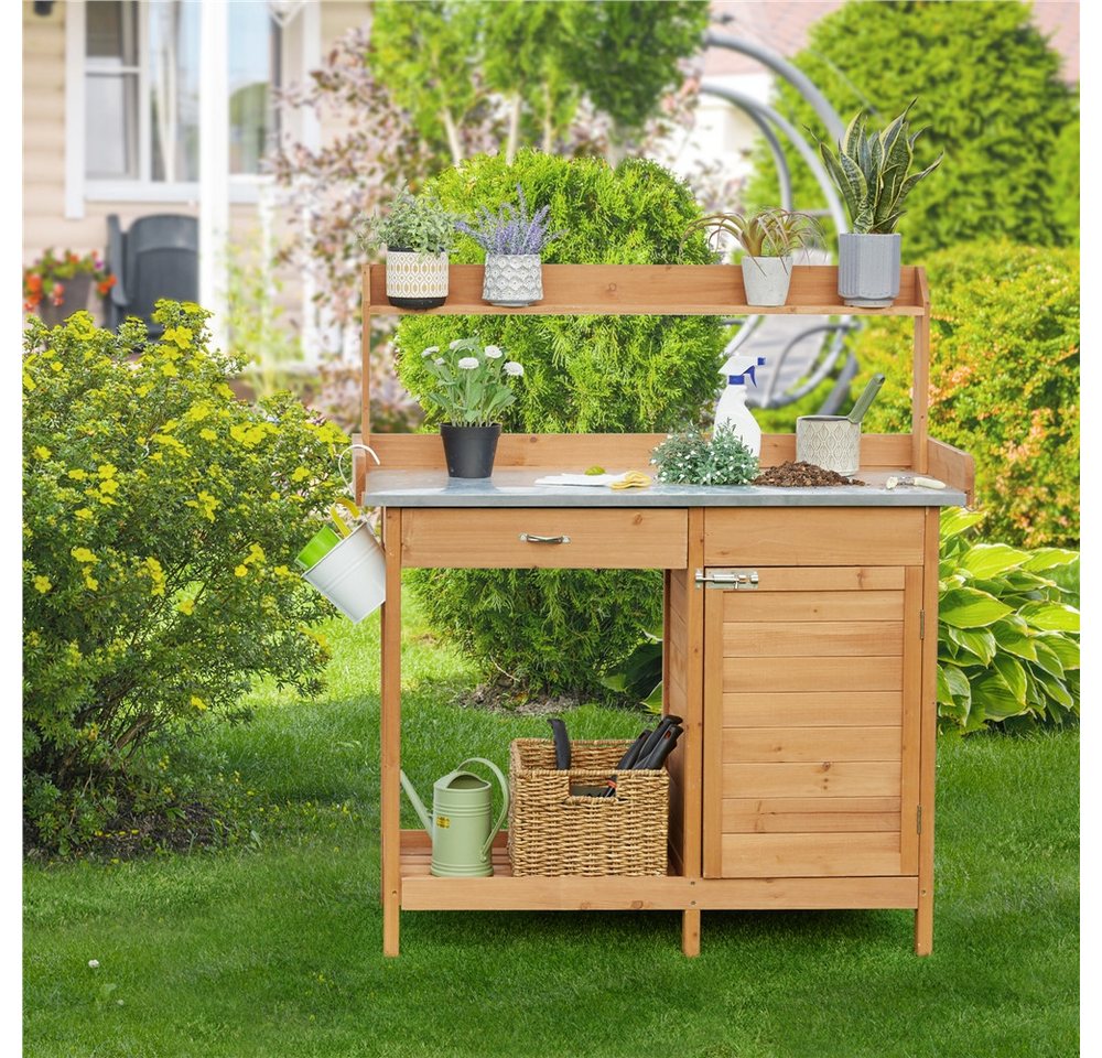 Yaheetech Pflanztisch Garten Pflanztisch mit Schubladen & Unterschrank, Outdoor Gärtnertisch Holzpflanztisch mit verzinkt Arbeitsplatte – Bild 3 von 5