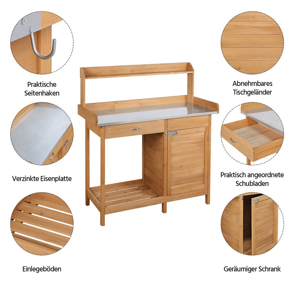 Yaheetech Pflanztisch Garten Pflanztisch mit Schubladen & Unterschrank, Outdoor Gärtnertisch Holzpflanztisch mit verzinkt Arbeitsplatte – Bild 5 von 5