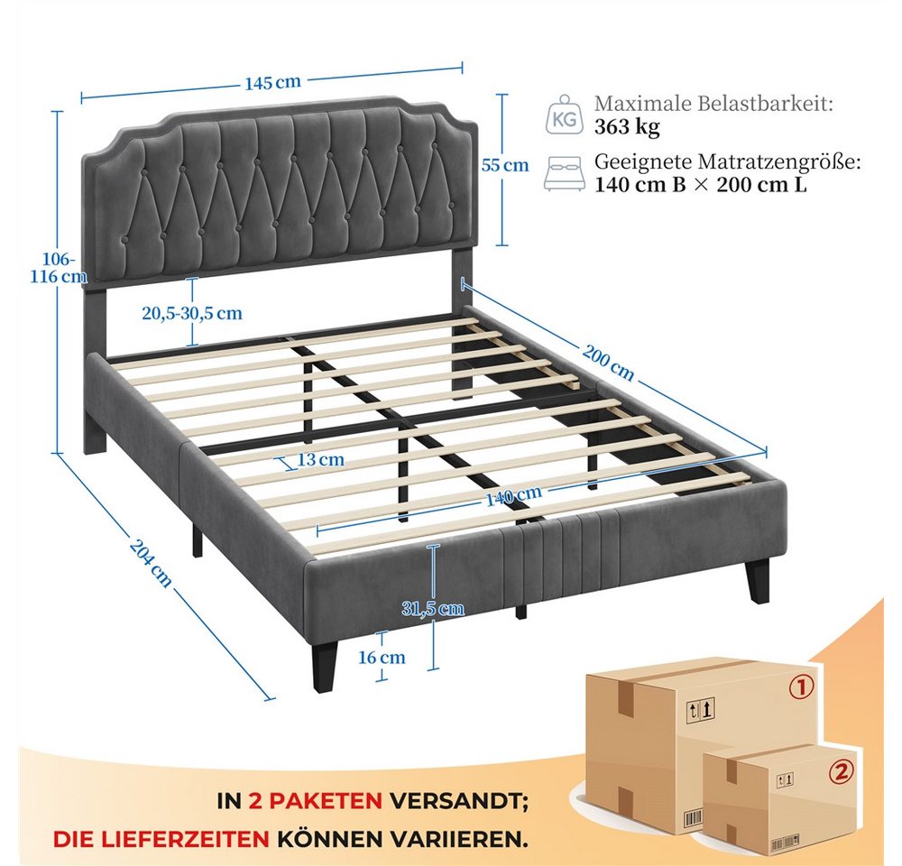 Yaheetech Polsterbett Bettgestell, Doppelbett 140 × 200 cm, mit höhenverstellbarem Kopfteil – Bild 4 von 5