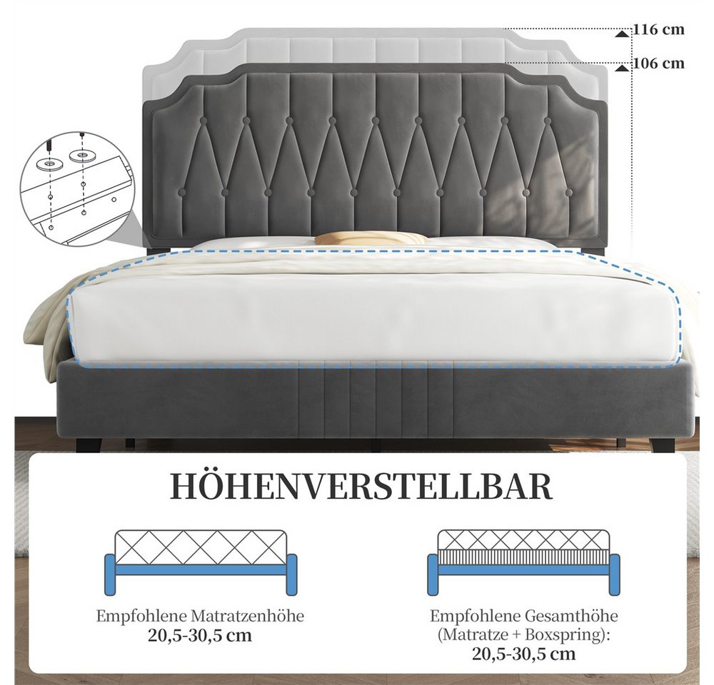 Yaheetech Polsterbett Bettgestell, Doppelbett 140 × 200 cm, mit höhenverstellbarem Kopfteil – Bild 5 von 5