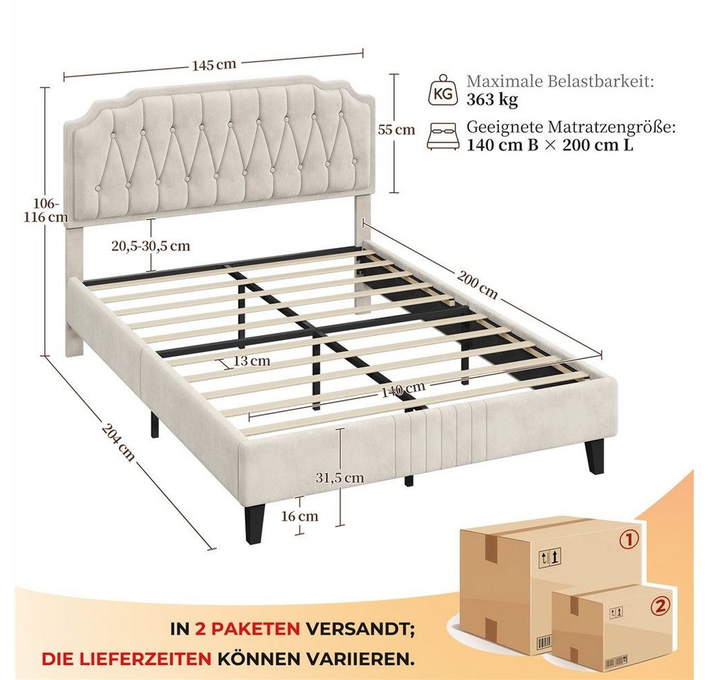 Yaheetech Polsterbett Bettgestell, Doppelbett 140 × 200 cm, mit höhenverstellbarem Kopfteil – Bild 4 von 5
