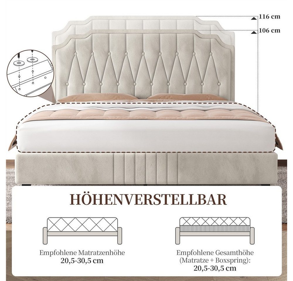 Yaheetech Polsterbett Bettgestell, Doppelbett 140 × 200 cm, mit höhenverstellbarem Kopfteil – Bild 5 von 5