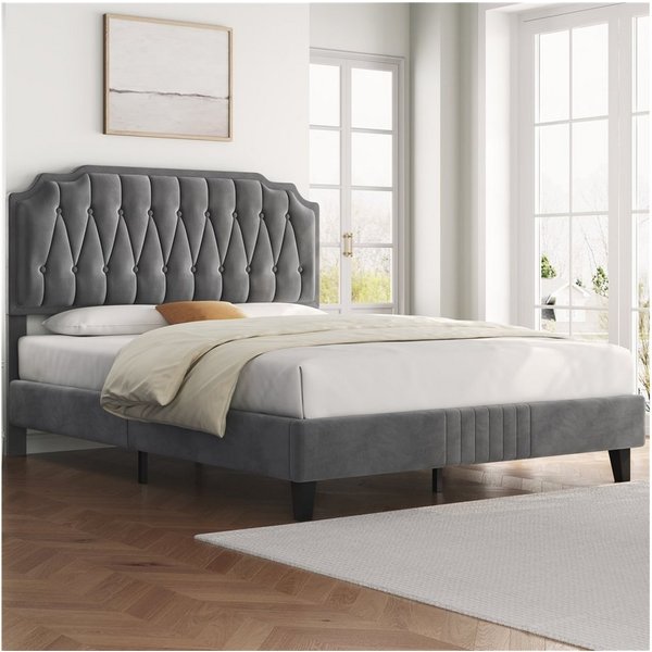 Yaheetech Polsterbett Bettgestell, Doppelbett 160 × 200 cm, mit höhenverstellbarem Kopfteil