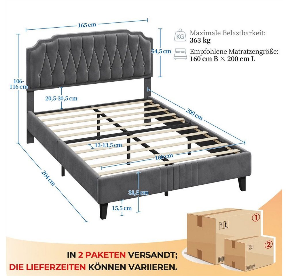 Yaheetech Polsterbett Bettgestell, Doppelbett 160 × 200 cm, mit höhenverstellbarem Kopfteil – Bild 4 von 5