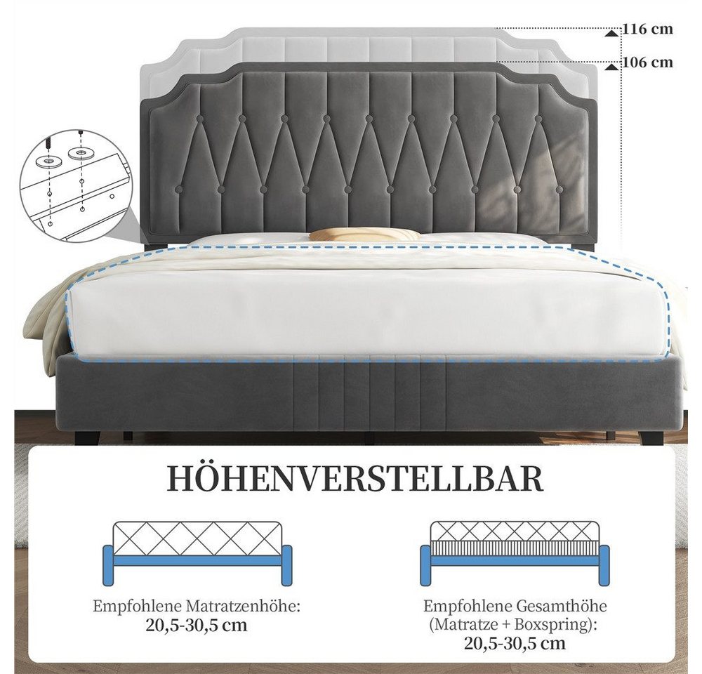 Yaheetech Polsterbett Bettgestell, Doppelbett 160 × 200 cm, mit höhenverstellbarem Kopfteil – Bild 5 von 5