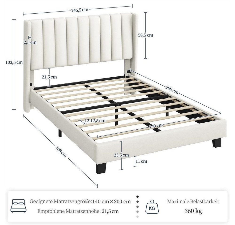 Yaheetech Polsterbett Doppelbett, Bettgestell mit gepolstertem Kopfteil & Lattenrost, 140 x 200 cm – Bild 4 von 5