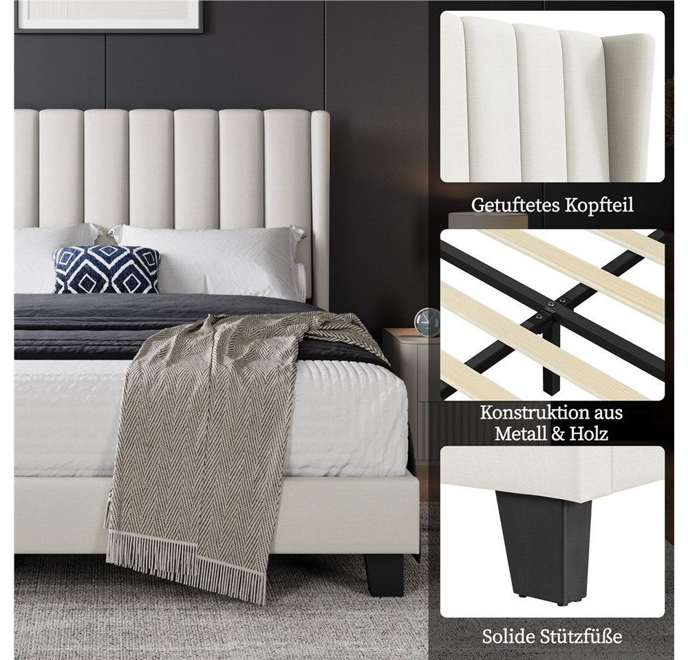 Yaheetech Polsterbett Doppelbett, Bettgestell mit gepolstertem Kopfteil & Lattenrost, 140 x 200 cm – Bild 5 von 5