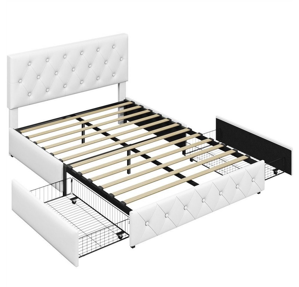 Yaheetech Polsterbett Doppelbett mit 2 Schubladen, Bettgestell 140 x 200 cm, Kopfteil hochstellbar, aus Kunstleder – Bild 2 von 5