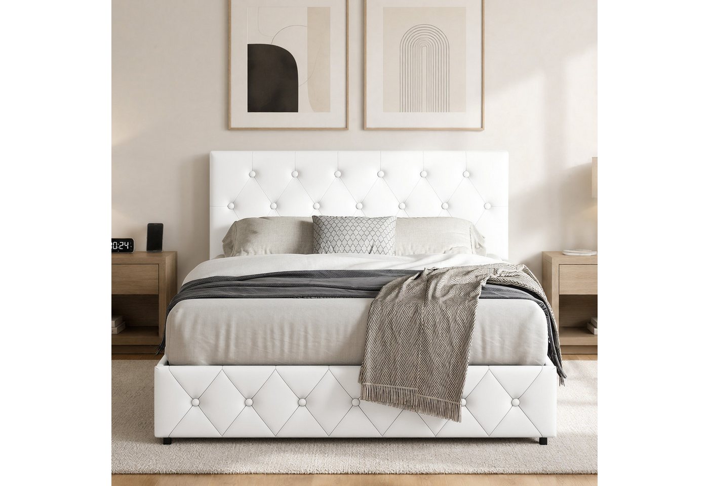 Yaheetech Polsterbett Doppelbett mit 2 Schubladen, Bettgestell 140 x 200 cm, Kopfteil hochstellbar, aus Kunstleder – Bild 3 von 5