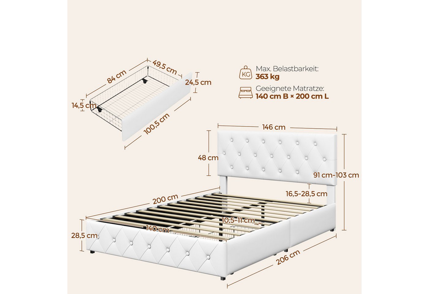Yaheetech Polsterbett Doppelbett mit 2 Schubladen, Bettgestell 140 x 200 cm, Kopfteil hochstellbar, aus Kunstleder – Bild 4 von 5