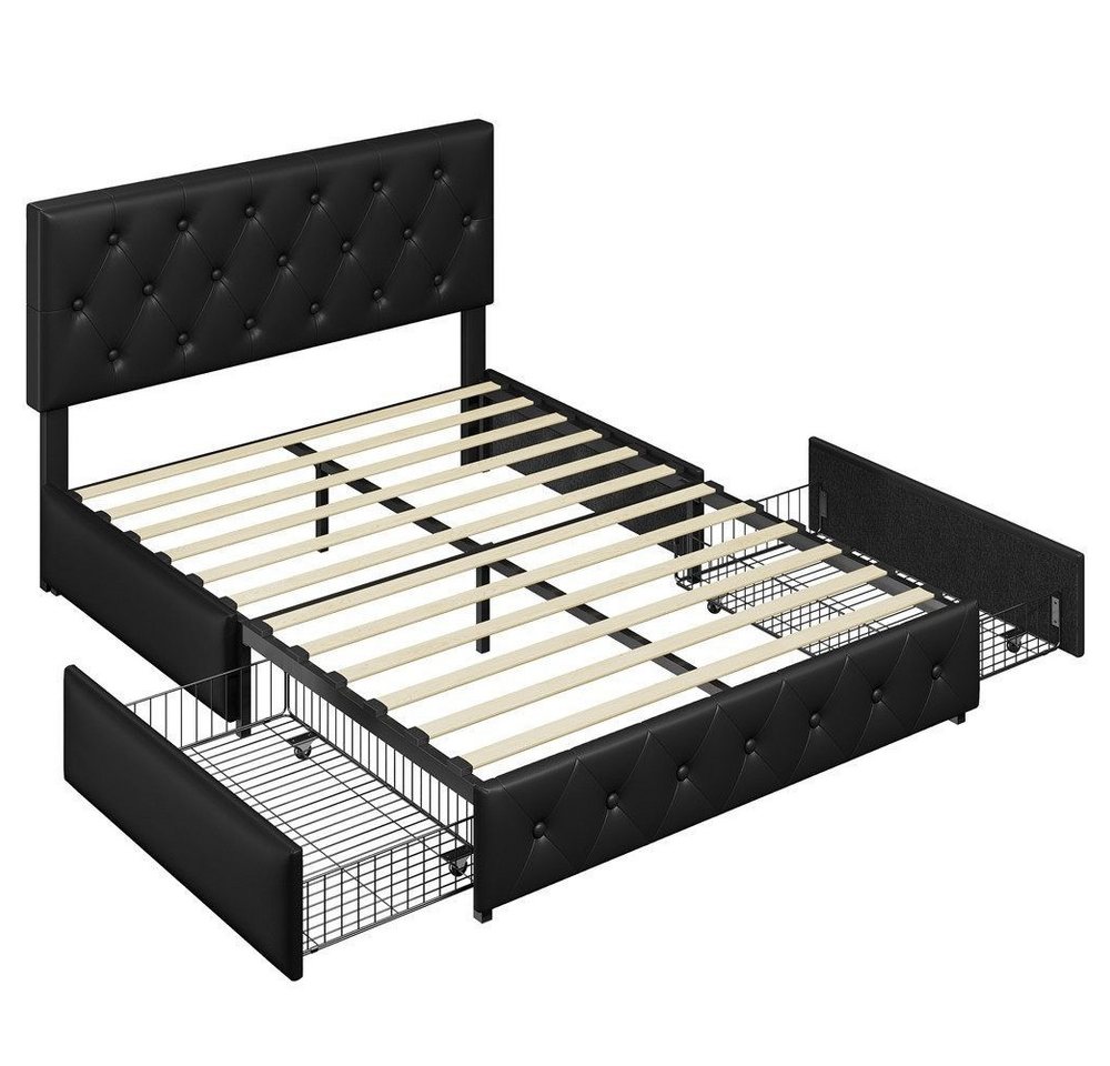 Yaheetech Polsterbett Doppelbett mit 2 Schubladen, Bettgestell 140 x 200 cm, Kopfteil hochstellbar, aus Kunstleder – Bild 2 von 5