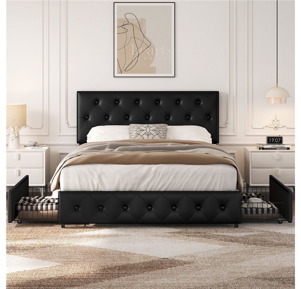Yaheetech Polsterbett Doppelbett mit 2 Schubladen, Bettgestell 140 x 200 cm, Kopfteil hochstellbar, aus Kunstleder – Bild 3 von 5