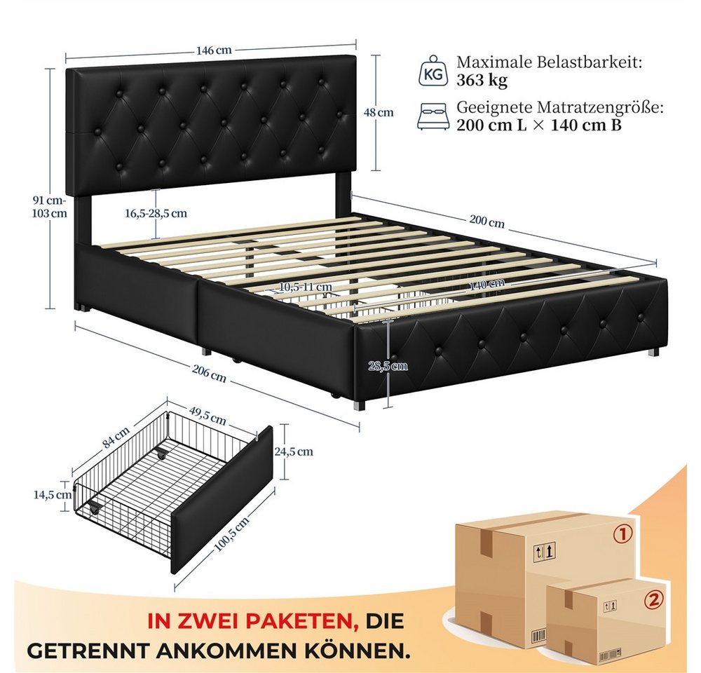 Yaheetech Polsterbett Doppelbett mit 2 Schubladen, Bettgestell 140 x 200 cm, Kopfteil hochstellbar, aus Kunstleder – Bild 4 von 5