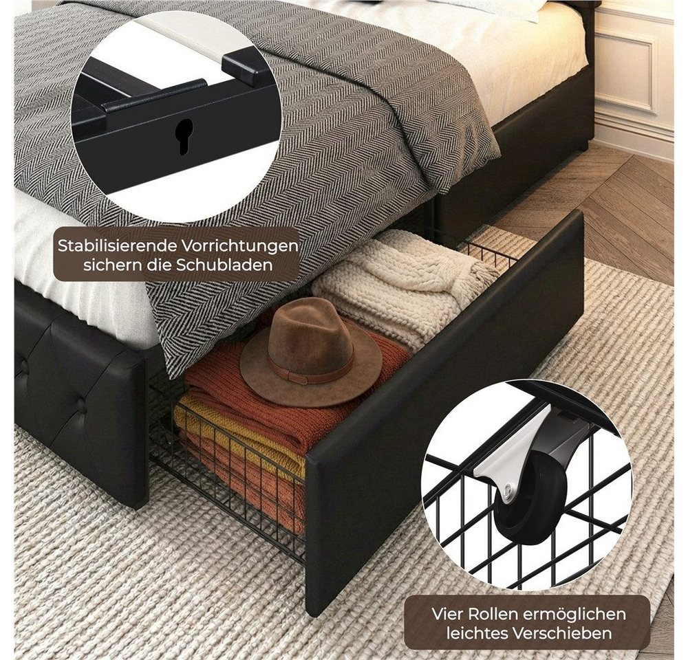 Yaheetech Polsterbett Doppelbett mit 2 Schubladen, Bettgestell 140 x 200 cm, Kopfteil hochstellbar, aus Kunstleder – Bild 5 von 5