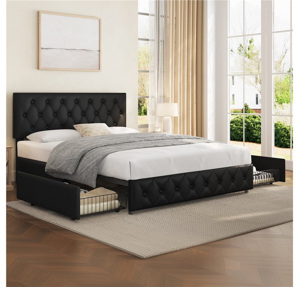 Yaheetech Polsterbett Doppelbett mit 2 Schubladen, Bettgestell 160 x 200 cm, Kopfteil hochstellbar, aus Kunstleder – Bild 2 von 5