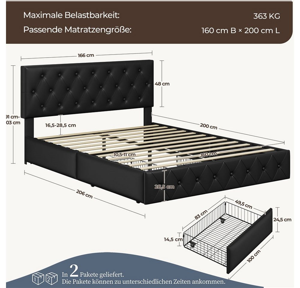 Yaheetech Polsterbett Doppelbett mit 2 Schubladen, Bettgestell 160 x 200 cm, Kopfteil hochstellbar, aus Kunstleder – Bild 3 von 5