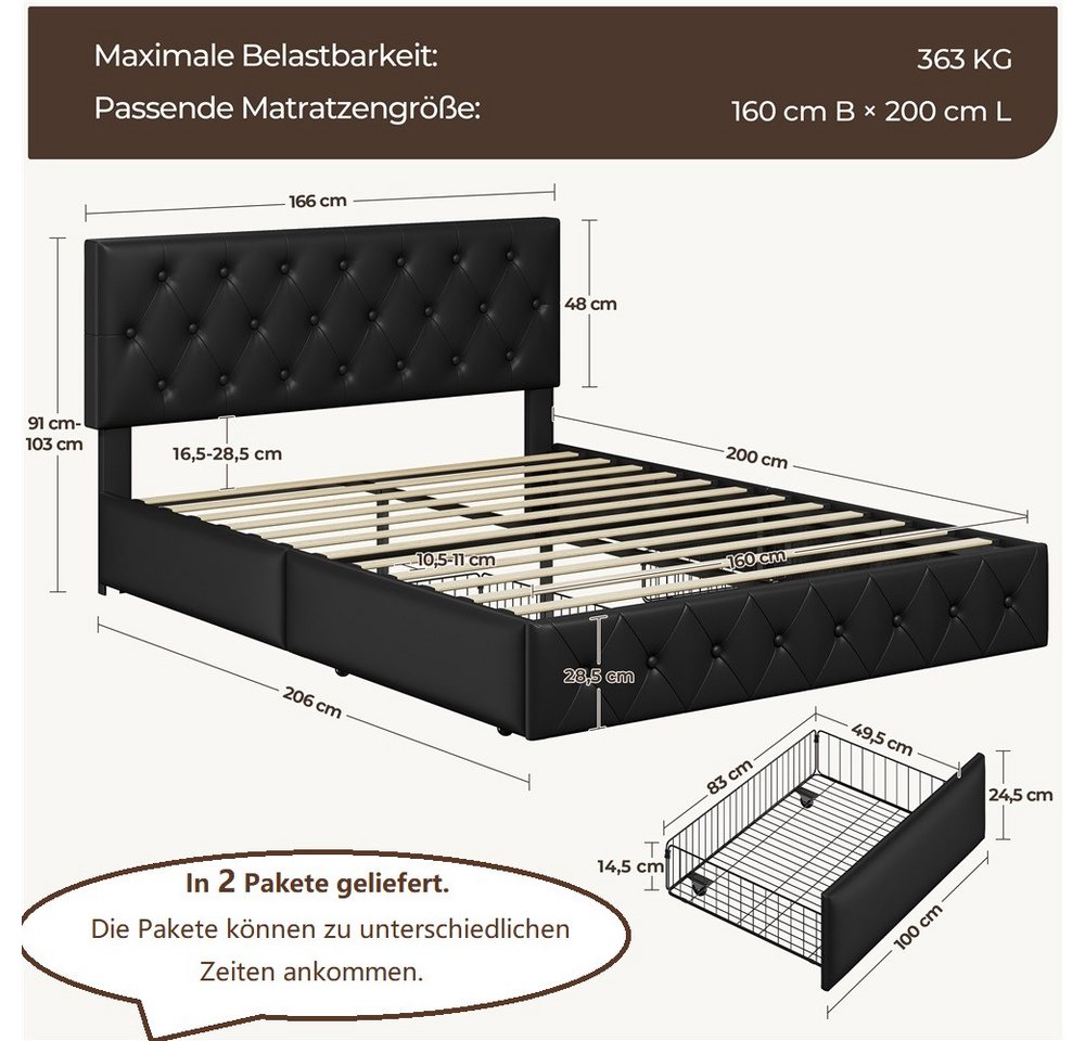 Yaheetech Polsterbett Doppelbett mit 2 Schubladen, Bettgestell 160 x 200 cm, Kopfteil hochstellbar, aus Kunstleder – Bild 4 von 5