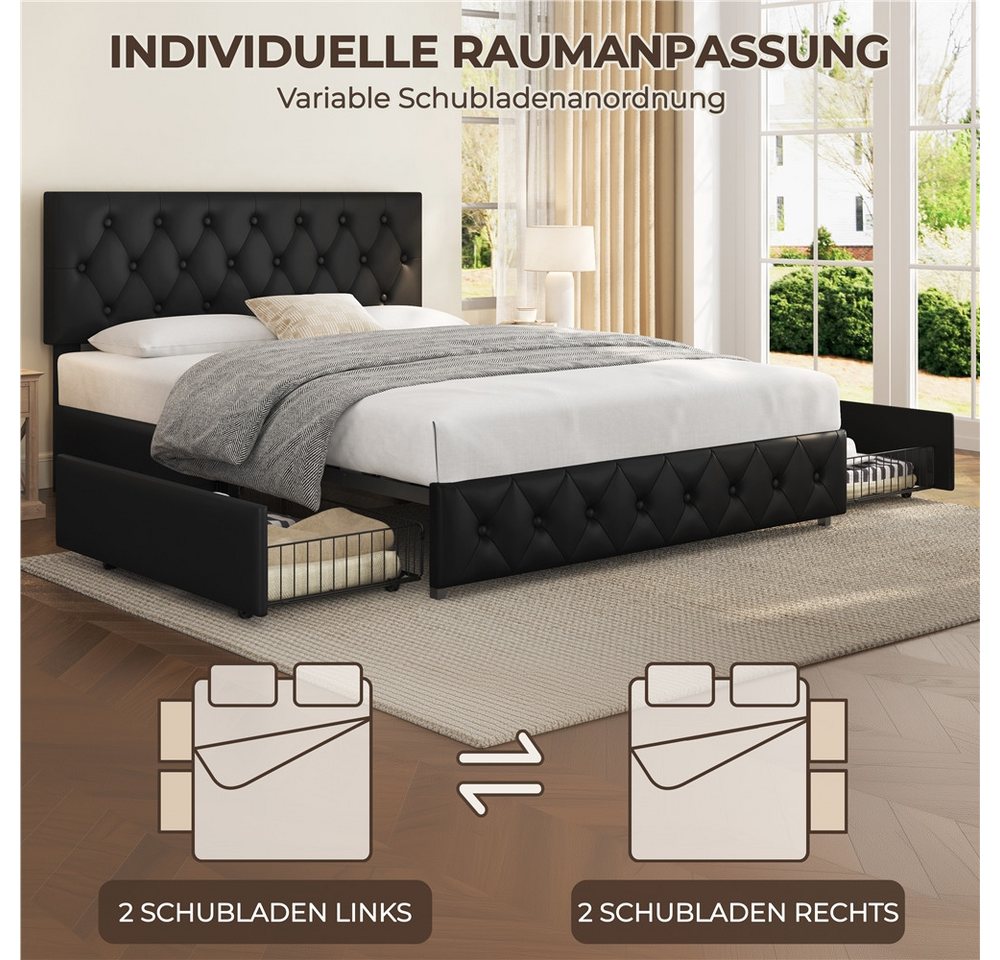 Yaheetech Polsterbett Doppelbett mit 2 Schubladen, Bettgestell 160 x 200 cm, Kopfteil hochstellbar, aus Kunstleder – Bild 5 von 5